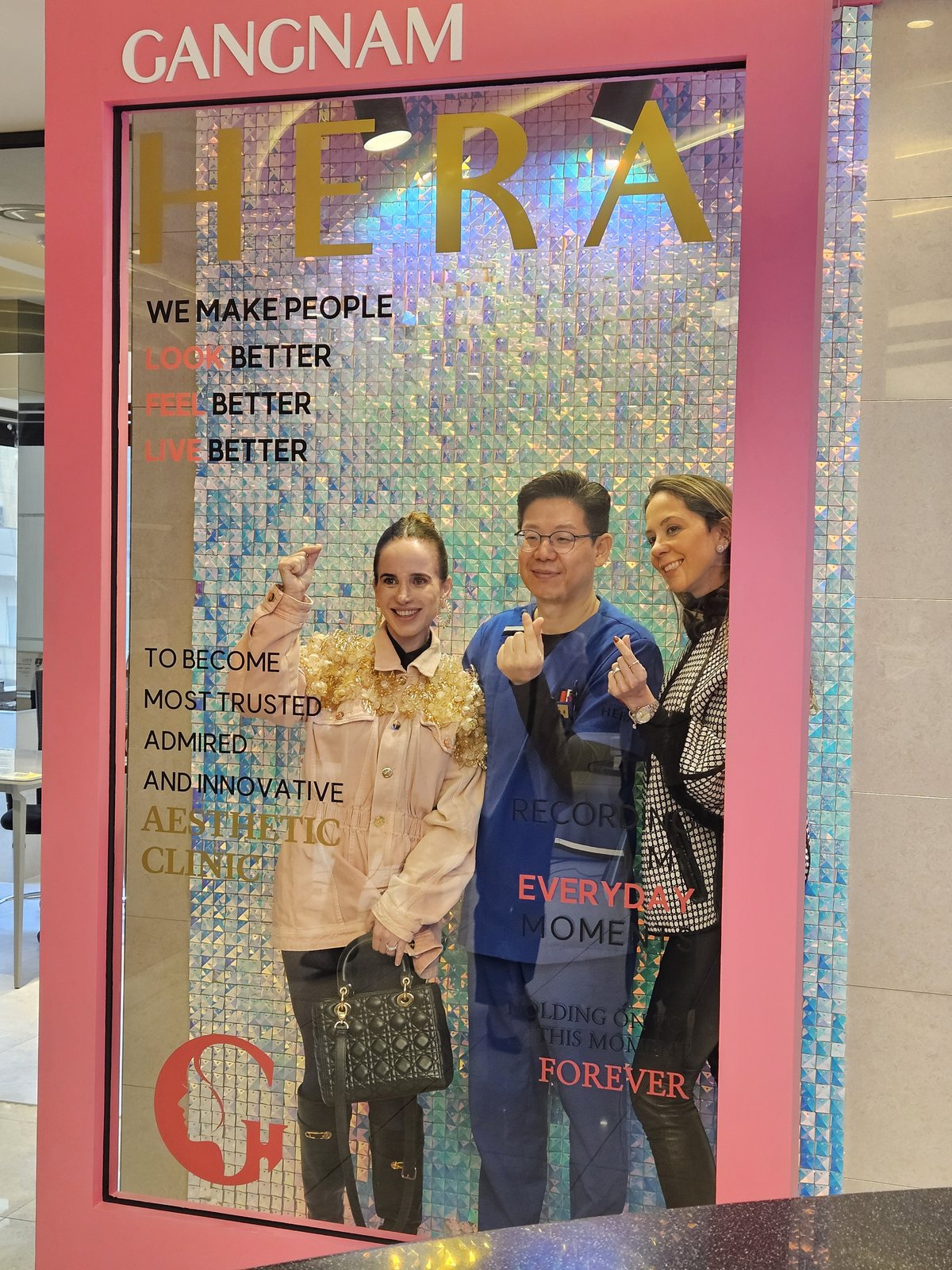 Group photo with Brazilian physicians at the HERA Clinic photo zone in Gangnam